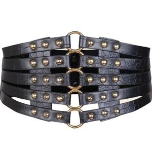Restocked Black Cage faux leather wide Belt gold hardware